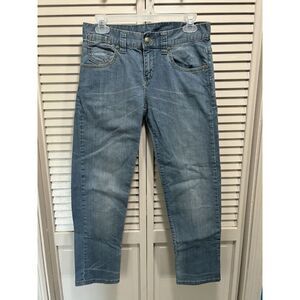 BCBGMaxazria Denim Jeans Zipper Detail Size 26 Womens Mid‎ Rise Light Wash Logo